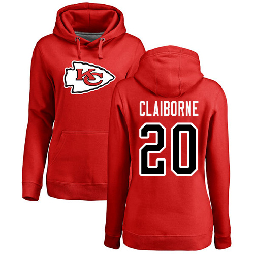 Women Football Kansas City Chiefs #20 Claiborne Morris Red Name and Number Logo Pullover Hoodie